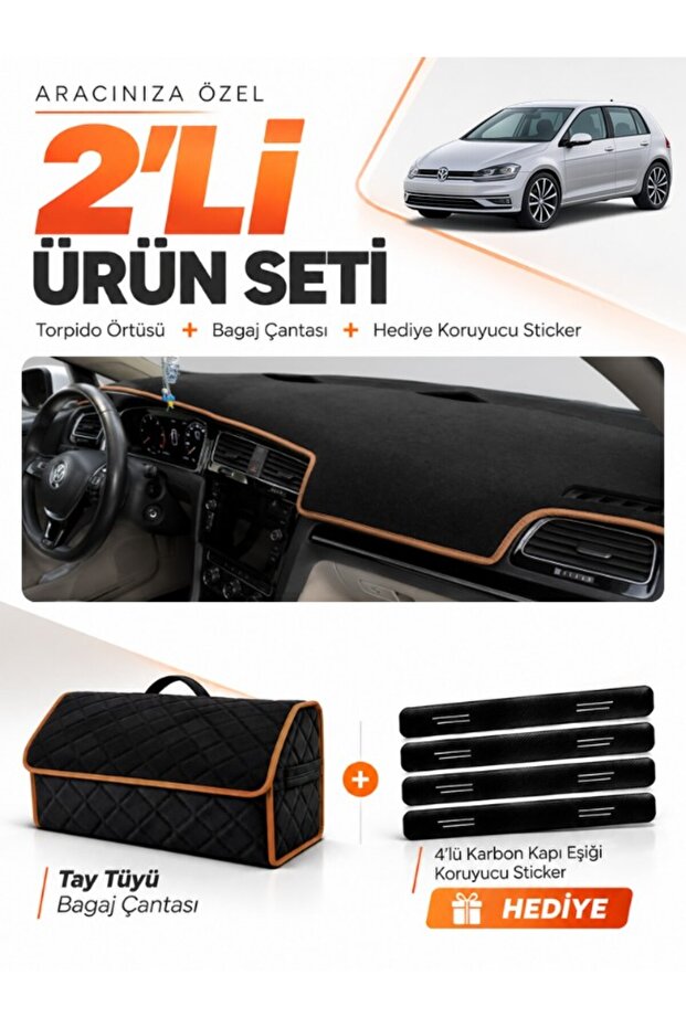 Volkswagen Golf 7 (2012-2020) Compatible Glove Box Cover + Tay Feather Trunk Bag + Sticker Set - Vw012