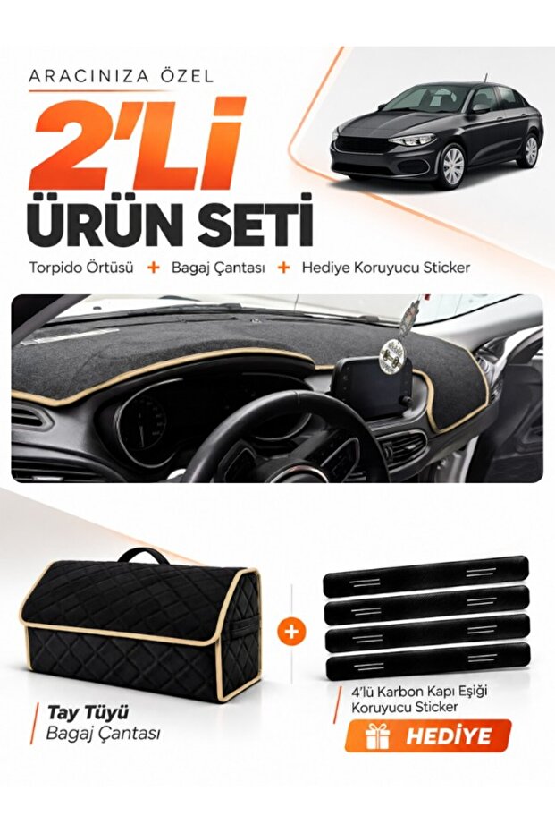 Fi̇at Egea Sedan (2019-2026) Compatible Glove Box Cover with Tablet Holder + Feathered Trunk Bag Set - Fi012