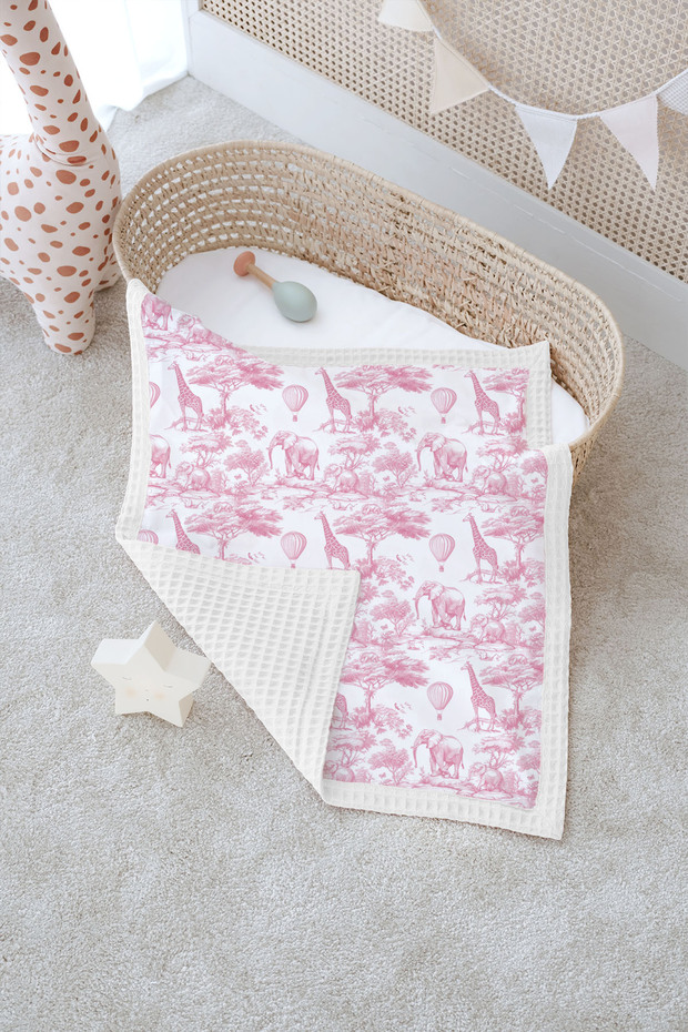 Double-Sided Baby Blanket, 100% Cotton Waffle Pique | Pillowcase with Gift - Pink Toile De Jouy - 70 X 105 cm