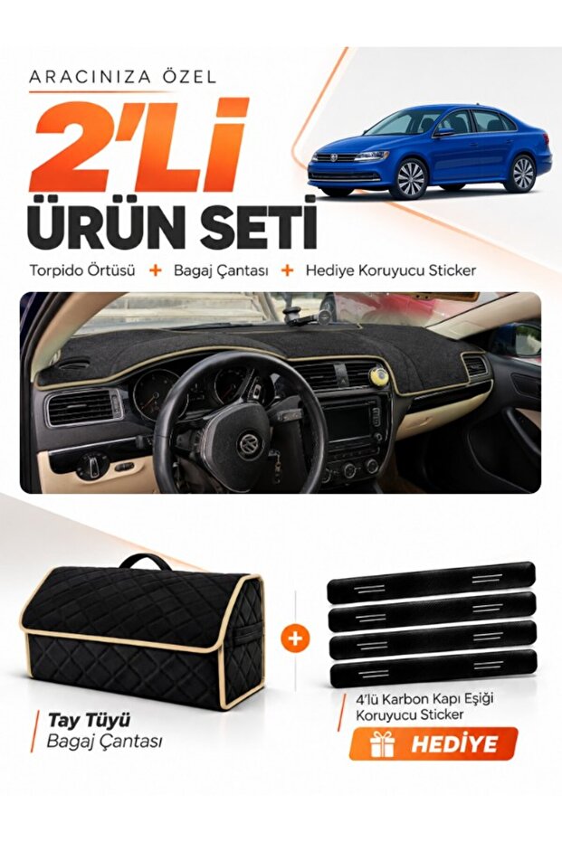 Volkswagen Jetta (2010-2018) Compatible Dashboard Cover + Tay Tüyü Luggage Bag + Sticker Set - Vw013