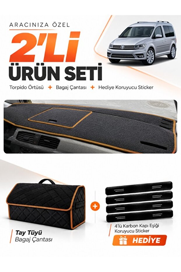 Volkswagen Caddy (2015-2021) Compatible Dashboard Cover + Tay Feather Trunk Bag + Sticker Set - Vw003