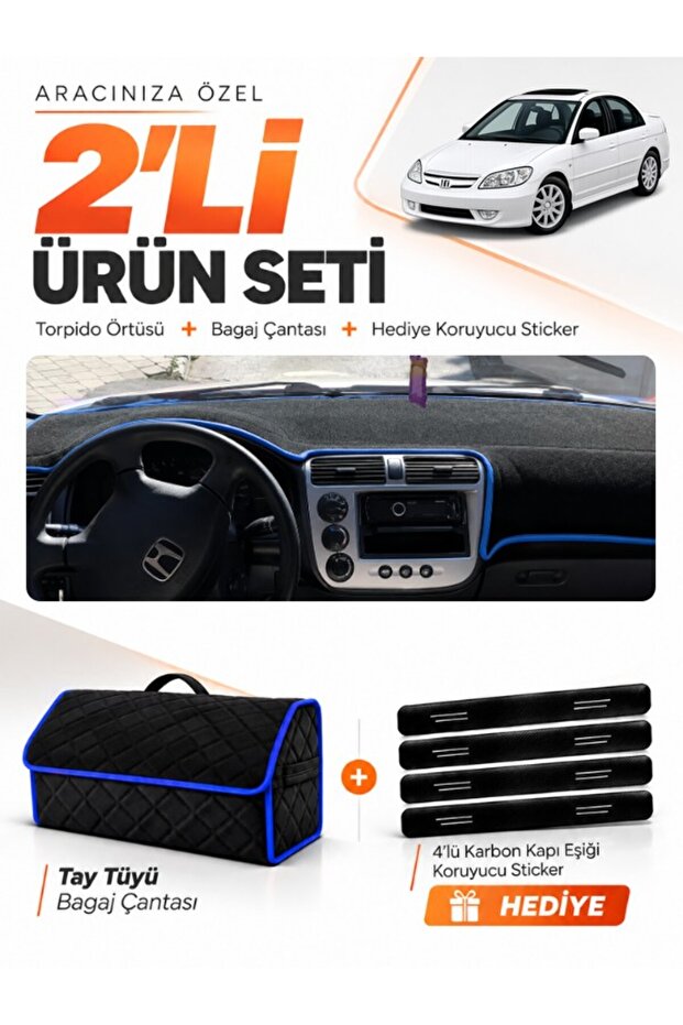 Honda Civic Vtec2 (2002-2005) Compatible Torpedo Cover + Thai Feather Trunk Bag + Sticker Set - Ho009
