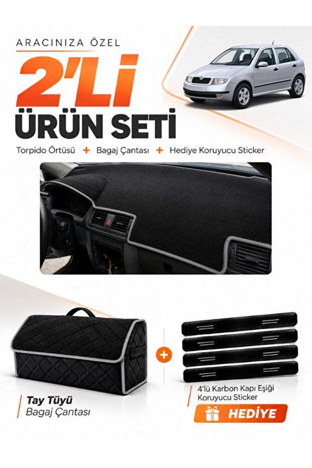 Skoda Fabia (1999-2006) Compatible Dashboard Cover + Tay Feather Trunk Bag + Sticker Set - Sk001