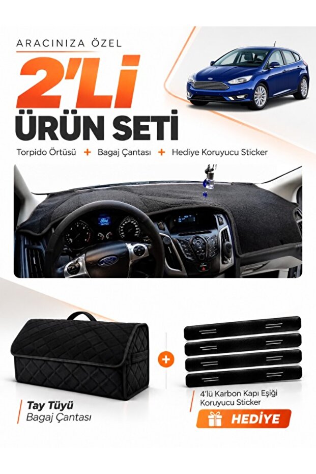Ford Focus 3.5 Hatchback (2014-2018) Compatible Glove Box Cover + Tay Feather Trunk Bag Set - Fo012