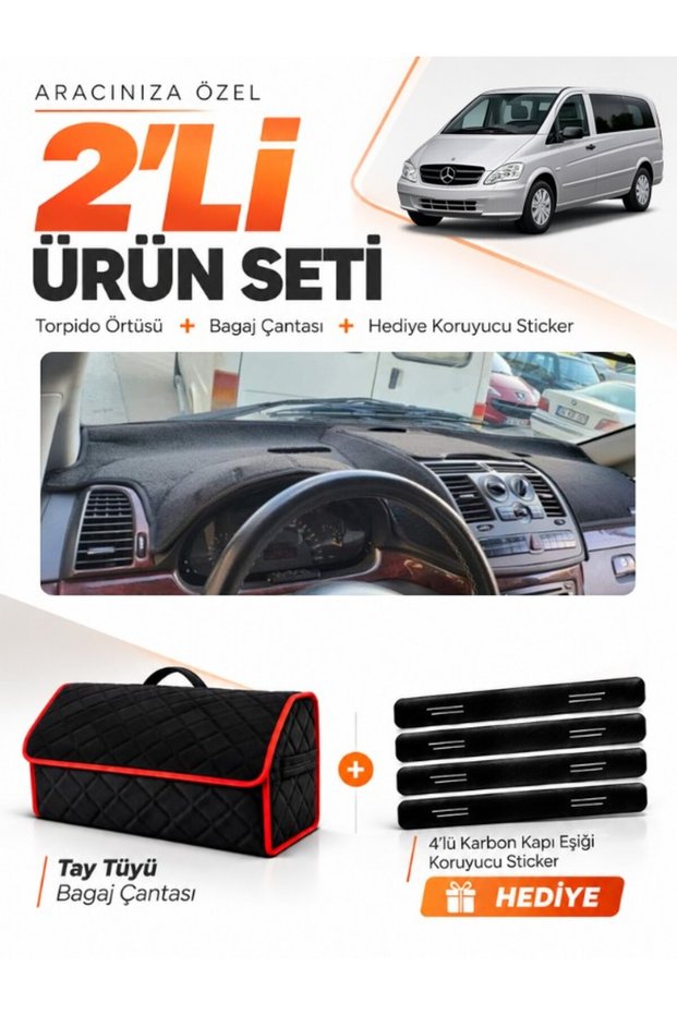 Dashboard Cover + Thai Feather Trunk Bag + Sticker Set Compatible with Mercedes Vito W639 (2003-2014) - Mb025
