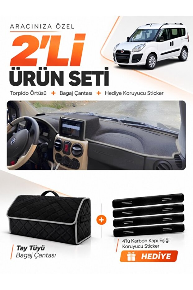 Fiat Doblo Airbagged Large Screen (2007-2015) Compatible Glove Box Cover + Thai Feather Bag Set - Fi022