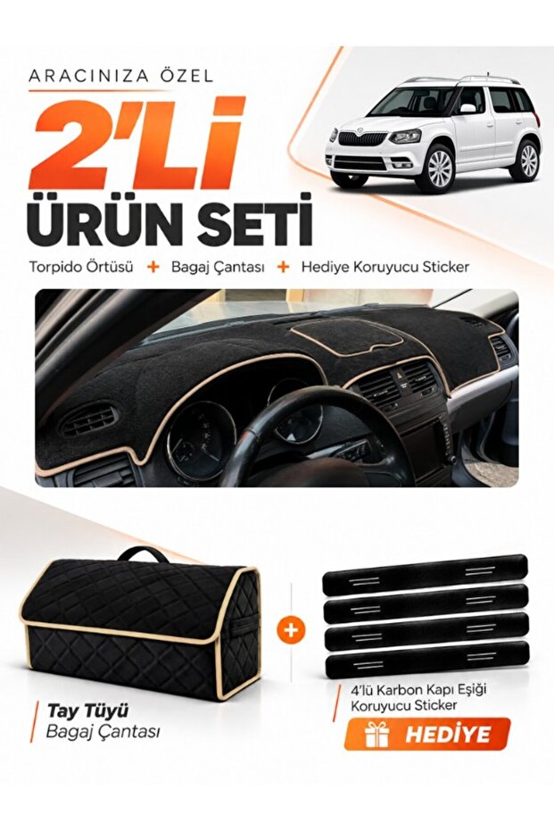 Skoda Yeti (2012-2018) Compatible Dashboard Cover + Thai Feather Trunk Bag + Sticker Set - Sk013