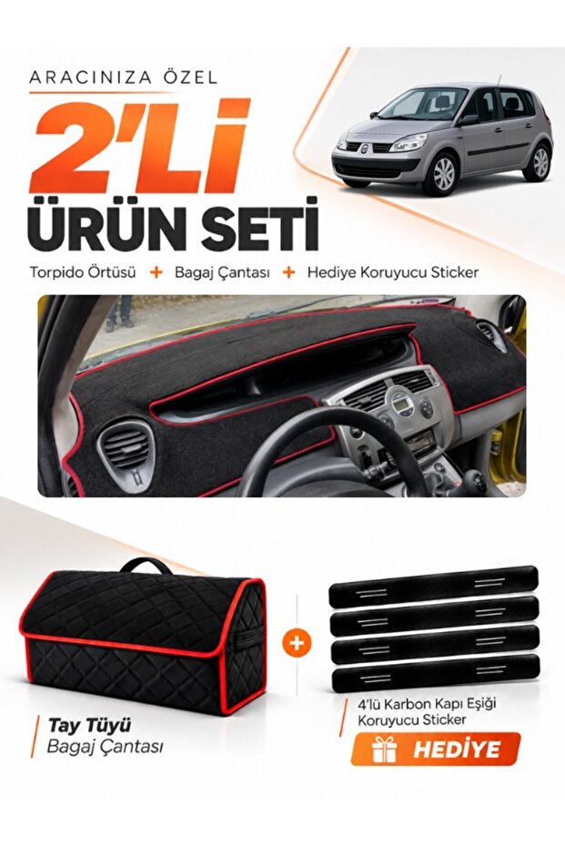 Renault Scenic 2 (2003-2009) Compatible Dashboard Cover + Tay Feather Trunk Bag + Sticker Set - Re044