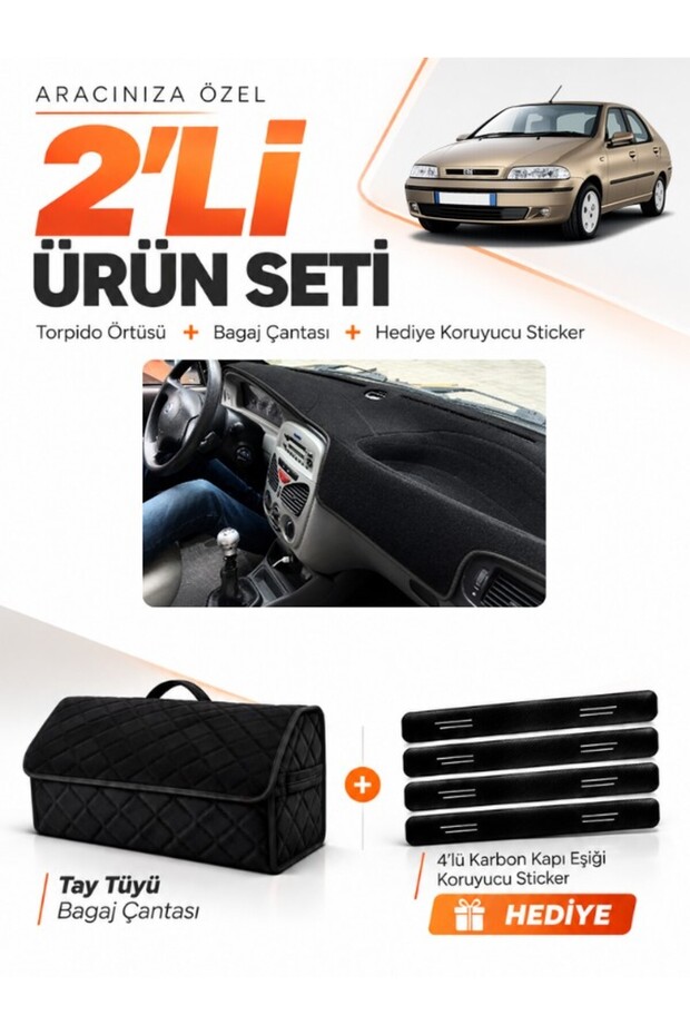 Fiat Si̇ena (1999-2005) Compatible Dashboard Cover + Tay Tüy Luggage Bag + Sticker Set - Fi002
