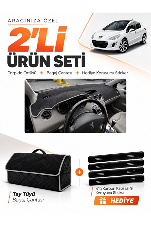 Peugeot 308 (2008-2014) Compatible Glove Box Cover + Tay Feather Trunk Bag + Sticker Set - Pe013