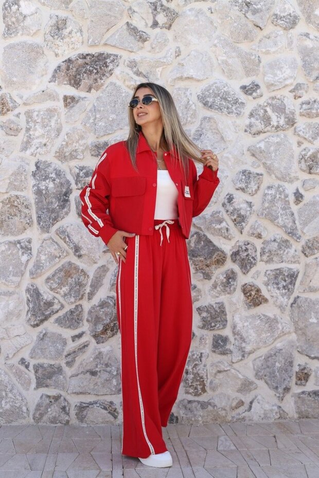 Red Striped Technical Fabric Detailed Jacket and Trousers Set