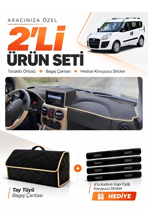 Fiat Doblo Airbagged Large Screen (2007-2015) Compatible Glove Box Cover + Thai Feather Bag Set - Fi022