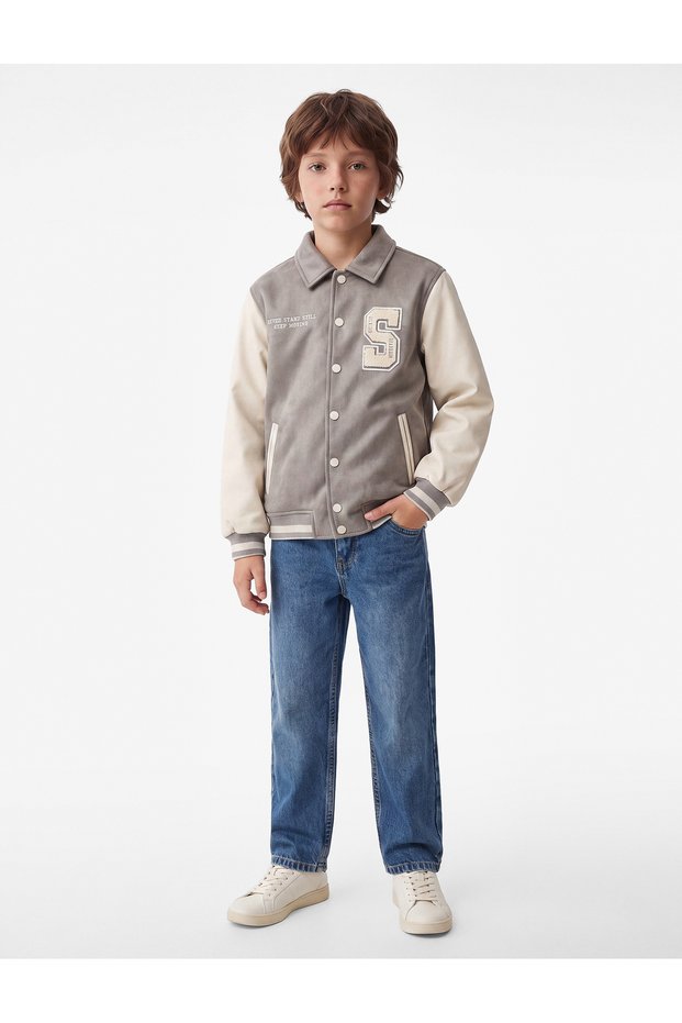 Embroidered Long Sleeve Buttoned Polo Collar Faux Suede College Jacket