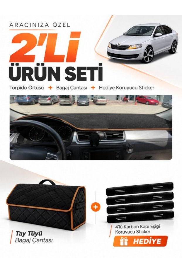 Skoda Rapid (2013-2017) Compatible Glove Box Cover + Tay Feather Luggage Bag + Sticker Set - Sk011