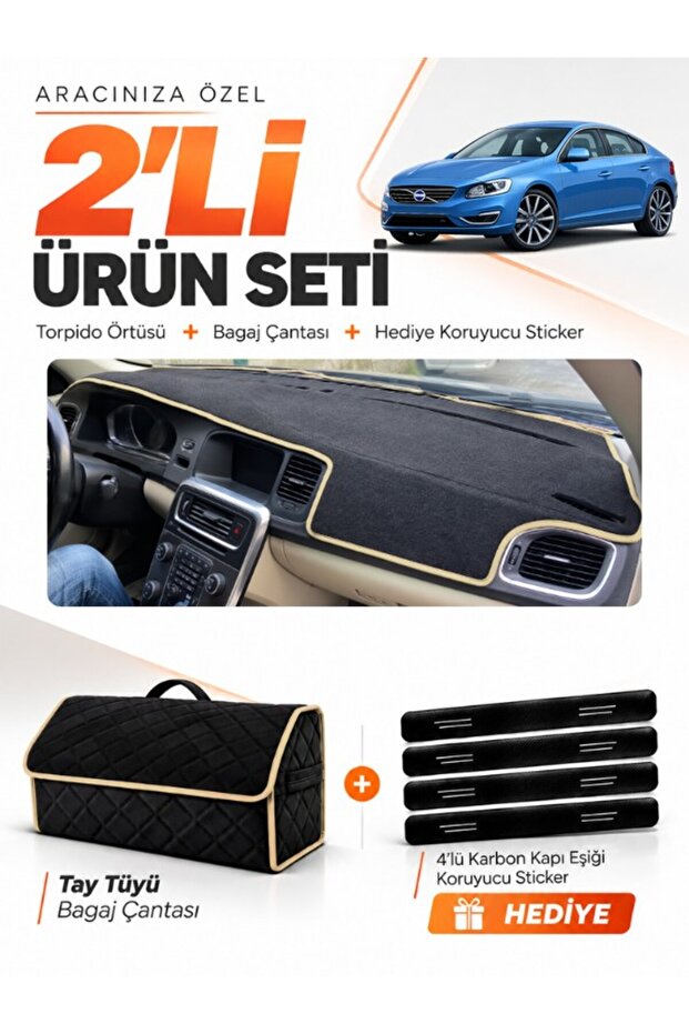 Volvo S60 (2011-2017) Compatible Dashboard Cover + Thai Feather Trunk Bag + Sticker Set - Vo003