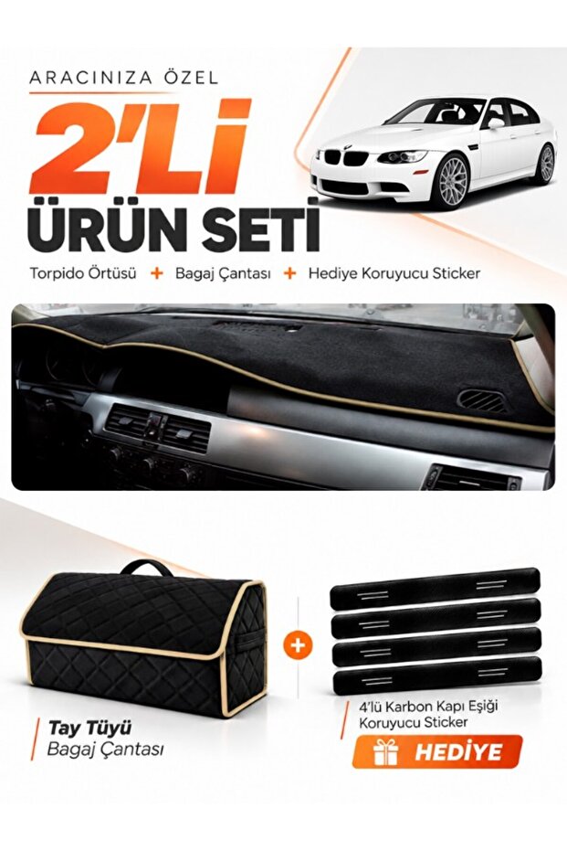 Bmw E90 (2005-2013) Compatible Dashboard Cover + Thai Feather Trunk Bag + Sticker Set - Bm003