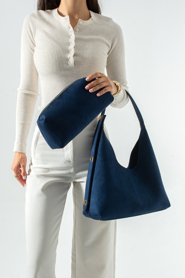 Suede Look Women's Shoulder Bag and Makeup Bag Hobo Bag Set