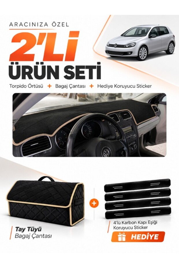 Dashboard Cover + Thai Feather Trunk Bag + Sticker Set Compatible with Volkswagen Golf 6 (2008-2012) - Vw011