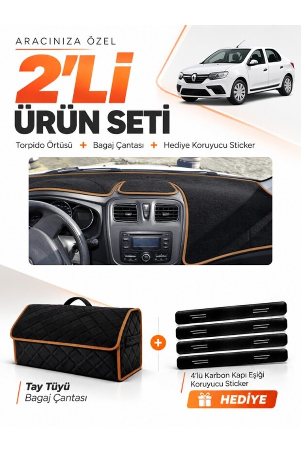 Renault Symbol Long Type.2 (2013-2021) Compatible Glove Box Cover + Thai Feather Trunk Bag Set - Re016