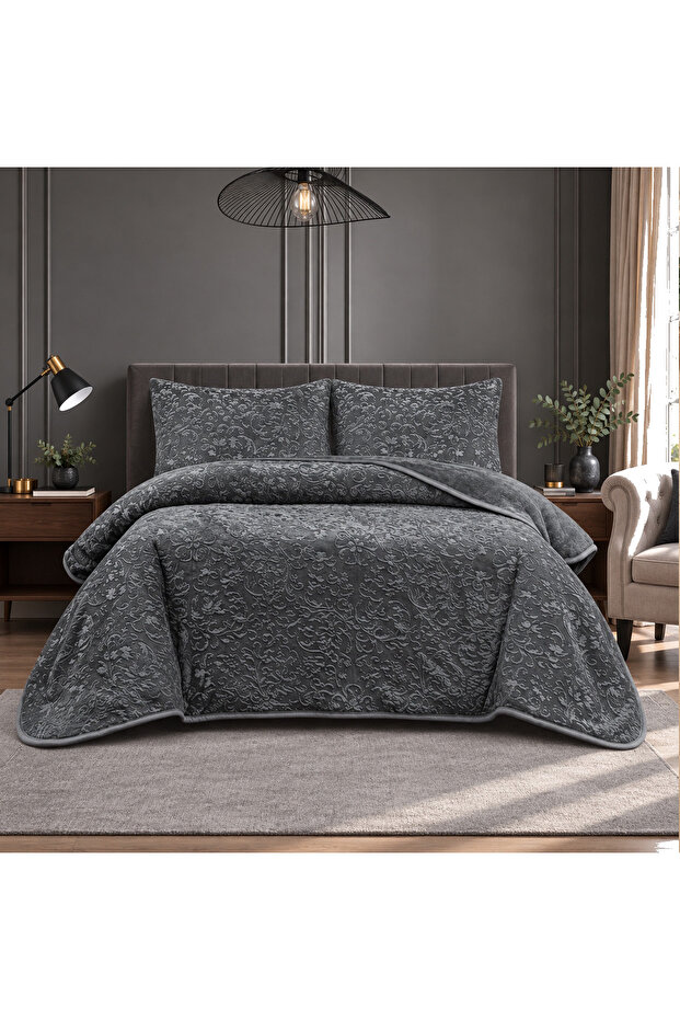 Lal Home Double Bedspread Set and Blanket Set - Anthracite Mbos
