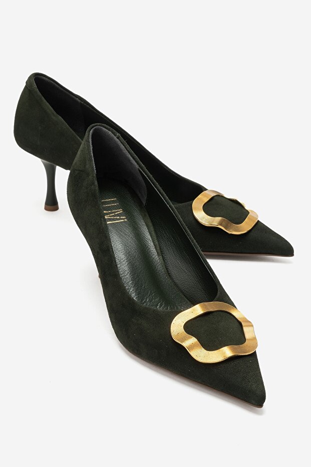 Noemi Khaki Suede Genuine Leather Buckle Women's Heeled Shoes
