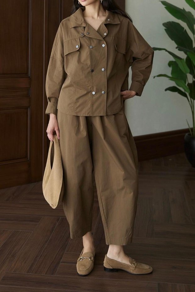 Bronze Color Standing Collar Shirt and Pants Set Per51460