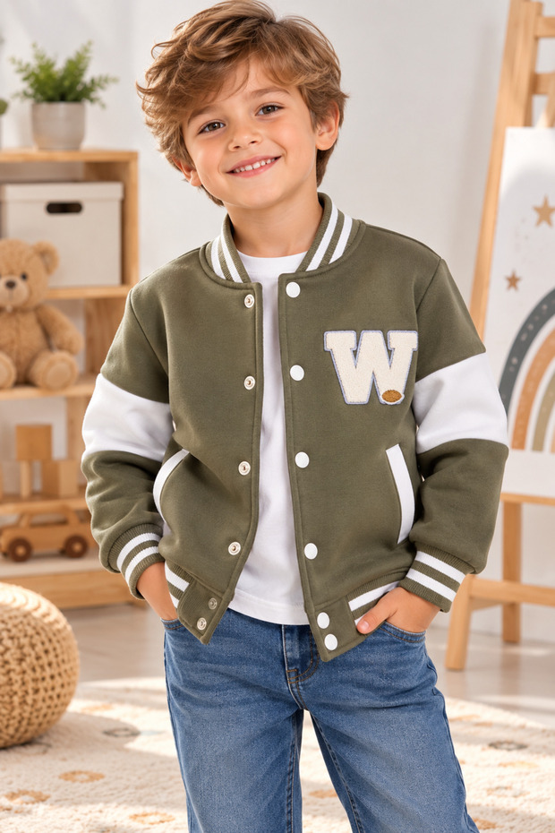 Boys' College Coat 3-Threaded Thick Green Jacket with Double Pockets and Snap Fasteners Sports College Coat