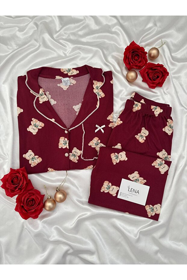 Burgundy Teddy Bear Patterned Collared Buttoned Long Sleeve Berlin Camisole Pajama Set