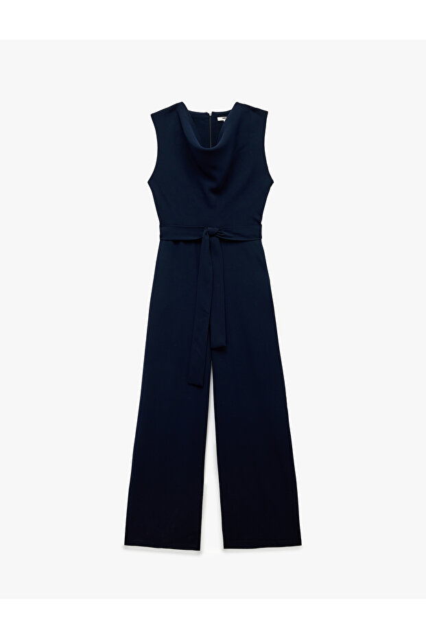 Crepe Fabric Belted Sleeveless Degaje Collar Jumpsuit