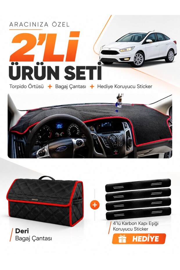 Ford Focus 3.5 Sedan (2014-2018) Compatible Dashboard Cover + Leather Trunk Bag + Sticker Set - Fo012
