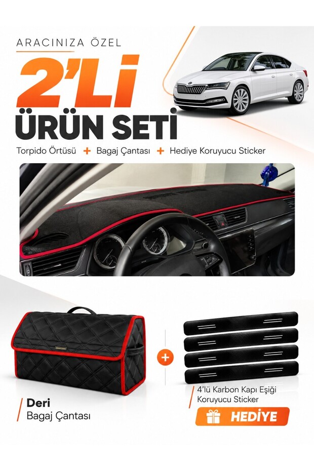 Skoda Super-B (2015-2021) Compatible Dashboard Cover + Leather Trunk Bag + Sticker Set - Sk012