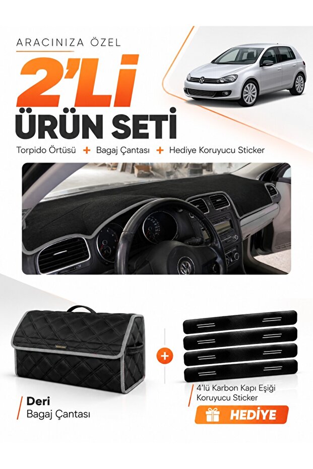 Volkswagen Golf 6 (2008-2012) Compatible Glove Box Cover + Leather Trunk Bag + Sticker Set - Vw011