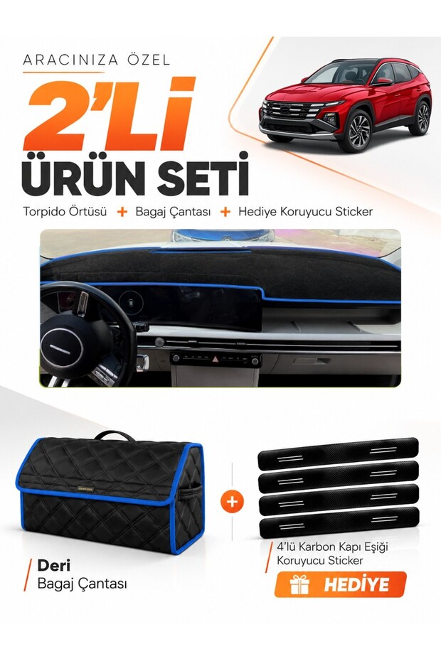 Hyundai Tucson (2024+ Later) Compatible Torpedo Cover + Leather Trunk Bag + Sticker Set - Hu039