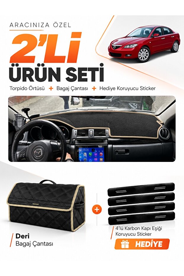 Mazda 3 (2003-2009) Compatible Dashboard Cover + Leather Trunk Bag + Sticker Set - Ma001