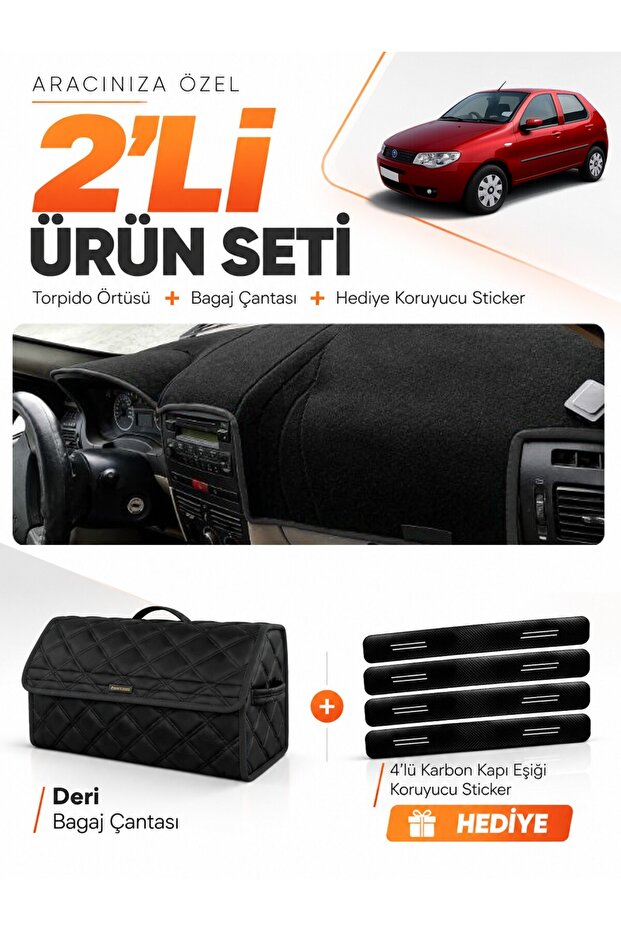 Fiat Palio (2005-2012) Compatible Dashboard Cover + Leather Trunk Bag + Sticker Set - Fi003