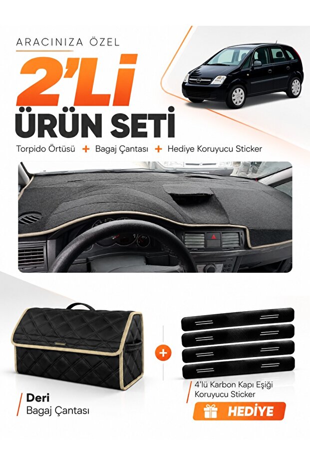 Opel Meriva a (2003-2010) Compatible Glove Box Cover + Leather Trunk Bag + Sticker Set - Op012