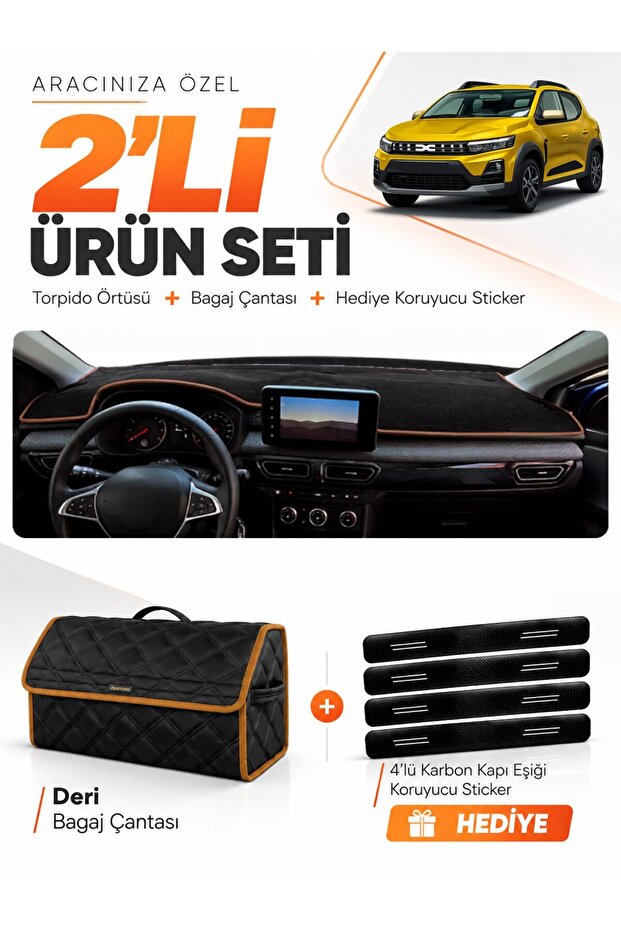 Dacia Sandero (2022-2026) Compatible Glove Box Cover with Screen + Leather Trunk Bag + Sticker Set - Da001