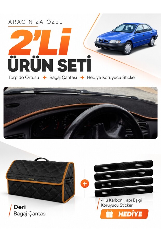 Toyota Carina E T190 Airbagli (1992-1997) Compatible Dashboard Cover + Leather Trunk Bag Set - To010