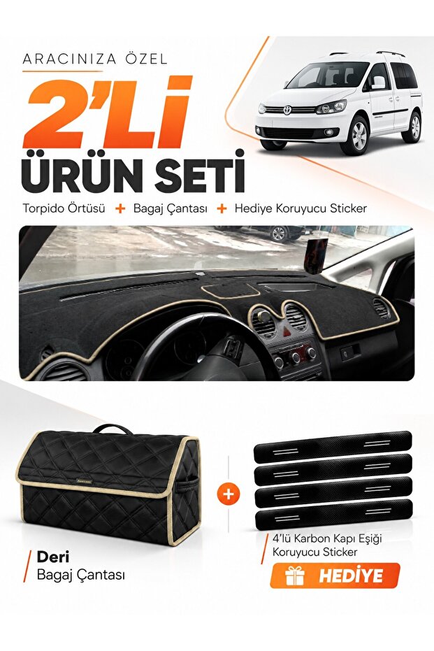 Volkswagen Caddy (2010-2015) Compatible Dashboard Cover + Leather Trunk Bag + Sticker Set - Vw002