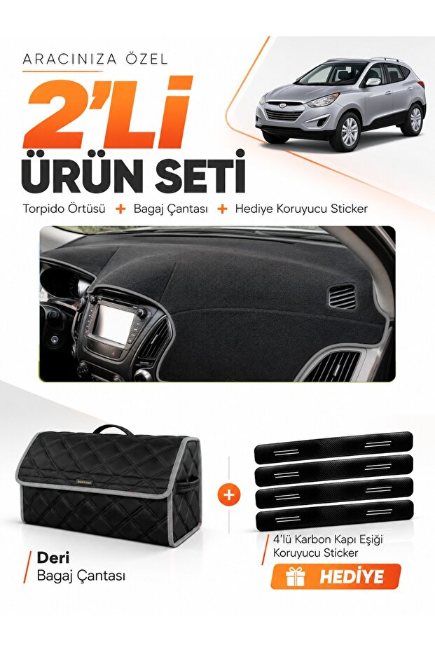 Hyundai Tucson (2009-2015) Compatible Glove Box Cover + Leather Trunk Bag + Sticker Set - Hu034