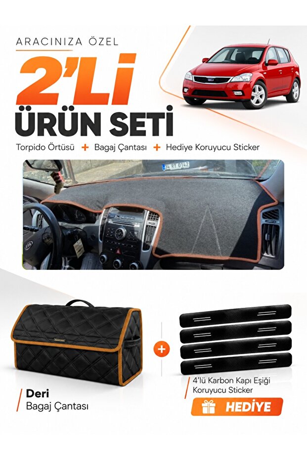 Kia Ceed (2006-2012) Compatible Torpedo Cover + Leather Trunk Bag + Sticker Set - Ki003