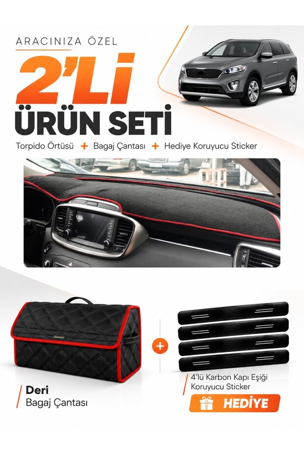 Kia Sorento (2015-2018) Compatible Torpedo Cover + Leather Trunk Bag + Sticker Set - Ki020