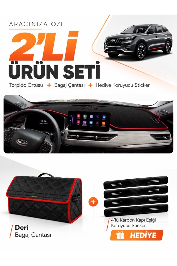 Chery Tiggo 7 (2018-2024) Compatible Glove Box Cover + Leather Trunk Bag + Sticker Set - Cy002