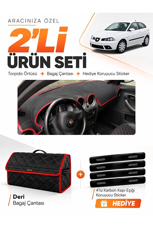 Seat Ibiza (2001-2008) Compatible Glove Box Cover + Leather Trunk Bag + Sticker Set - Se003
