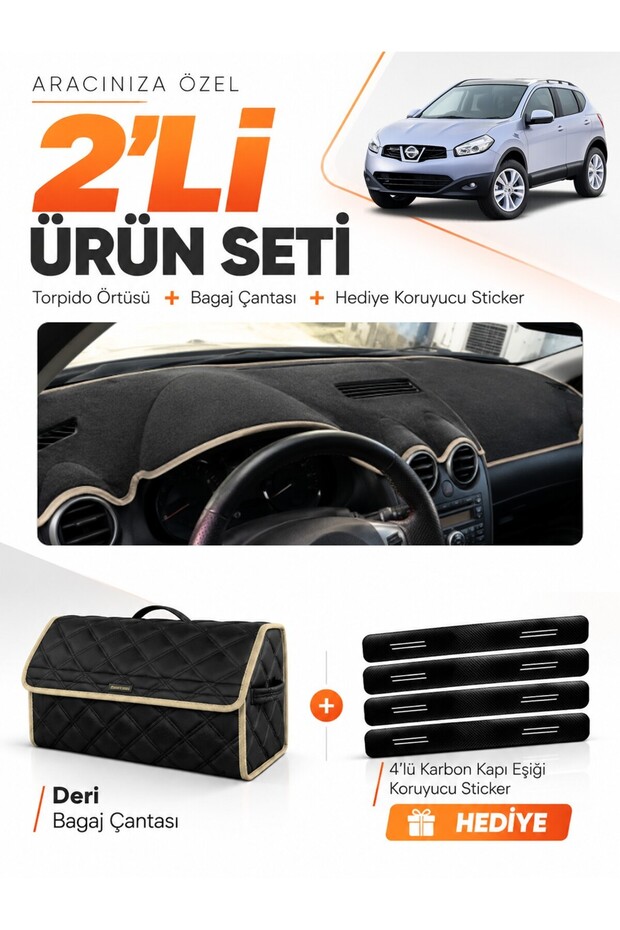 Nissan Qashqai J10 (2007-2014) Compatible Torpedo Cover + Leather Trunk Bag + Sticker Set - Ni016