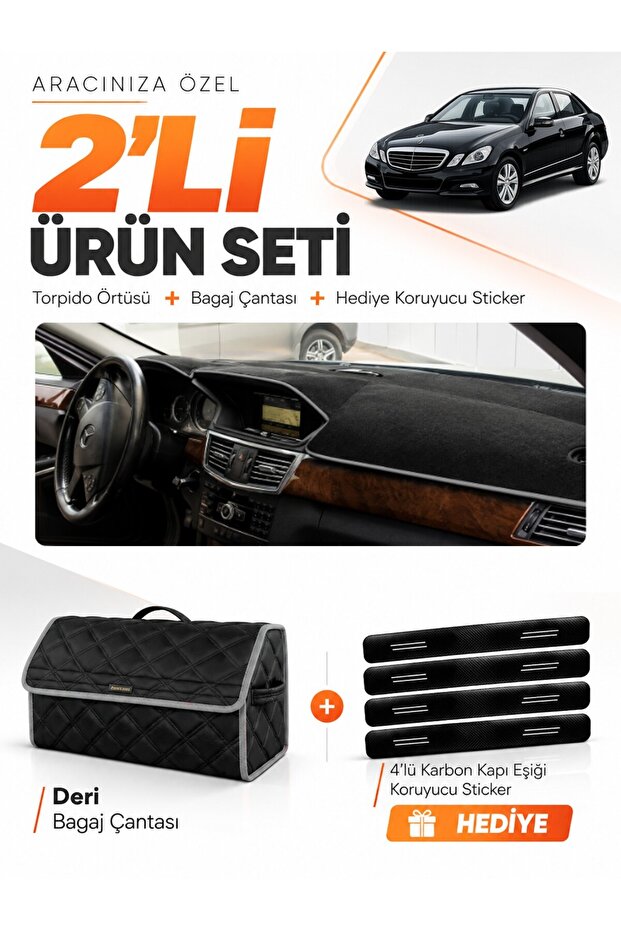 Mercedes W212 (2010-2013) Compatible Glove Box Cover + Leather Trunk Bag + Sticker Set - Mb014