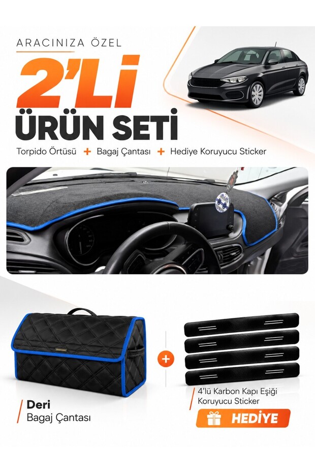 Fi̇at Egea Sedan (2019-2026) Compatible Torpedo Cover with Tablet Holder + Leather Trunk Bag Set - Fi012