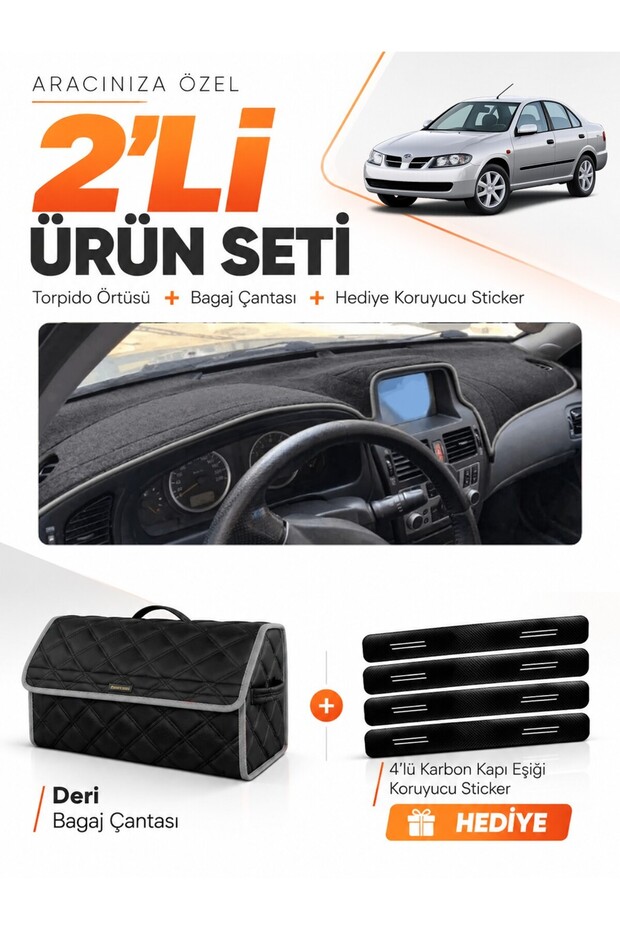 Nissan Almera Screened (2000-2006) Compatible Glove Box Cover + Leather Trunk Bag + Sticker Set - Ni002