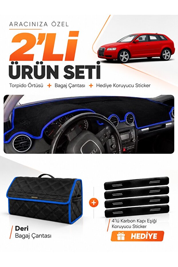 Audi A3 (2004-2008) Compatible Glove Box Cover + Leather Trunk Bag + Sticker Set - Au002