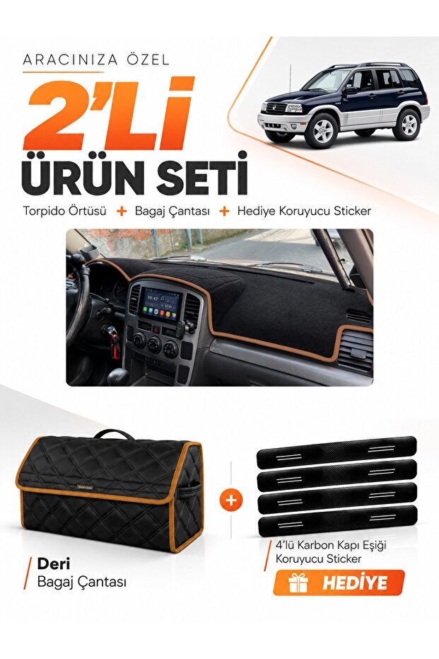 Suzuki Grand Vitara (2003-2006) Compatible Dashboard Cover + Leather Trunk Bag + Sticker Set - Sz004
